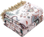 Boho Throw Blanket for Bed,100% Ultra Cotton Soft Breathable Bed Throw Floral Printed Farmhouse Decor Rustic Bed Throws for Couch Sofa Quilt White Flowers 90" x 98"