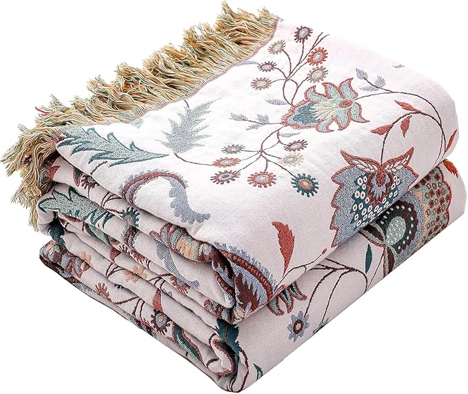 Boho Throw Blanket for Bed,100% Ultra Cotton Soft Breathable Bed Throw Floral Printed Farmhouse Decor Rustic Bed Throws for Couch Sofa Quilt White Flowers 90" x 98"