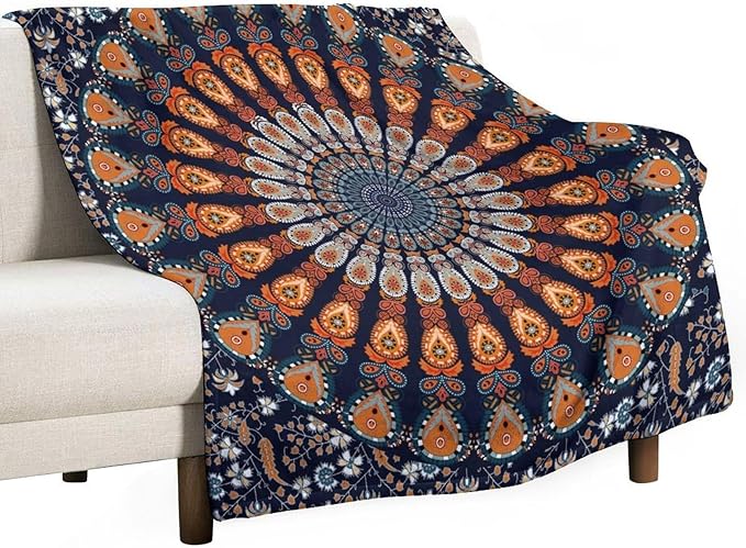 Indian Hippie Bohemian Throw Blanket Beautiful Peacock Mandala Blanket for Sofa Bed Couch Chair Or Dorm 60"x80"