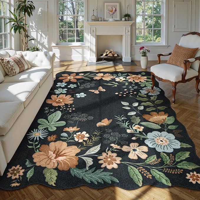 Lahome Floral Washable 6x9 Area Rugs, Soft Bedroom Rug for Living Room Ultra-Thin Non Slip Dining Room Rug, Stain Resistant Boho Rugs Flore Throw Carpet for Office Flore (6'x9',Black/Grey)