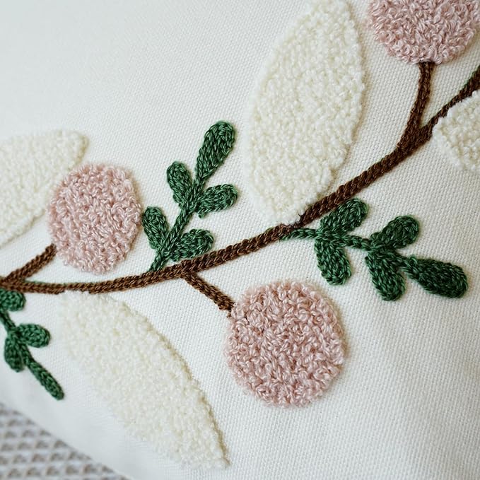 vctops Floral Embroidered Pillow Covers 18x18 Inch Spring Summer Cotton Tufted Throw Pillow Cover Outdoor Garden Cushion Case for Sofa, Bed, Living Room (Flower B,18"x18")