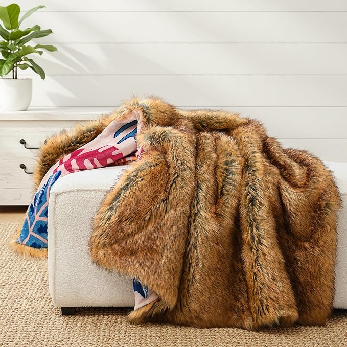 HORIMOTE HOME Long Pile Faux Fur Throw Blanket, with Cheetah and Tropical Plants Printed Pattern, Decorative Fluffy Throw Blanket for Couch Bed Sofa, Birthday Gifts for Women, 60'' x 80''