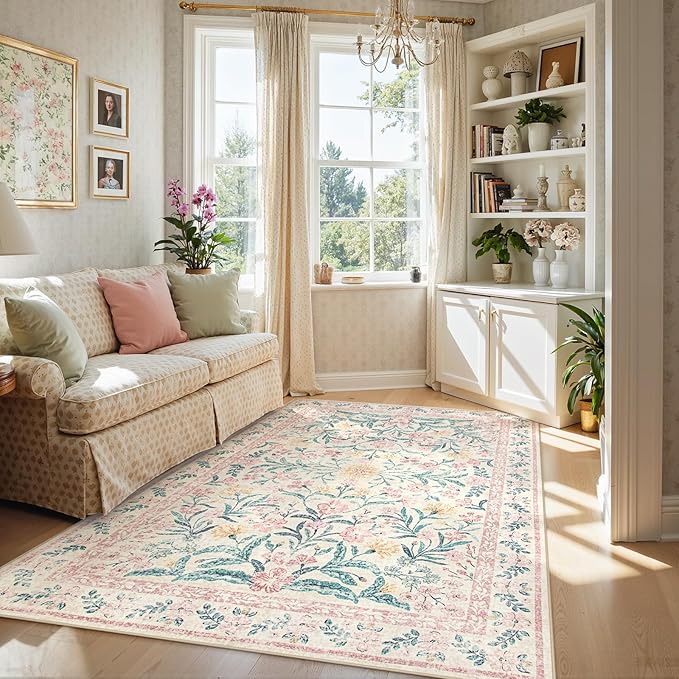 Lahome Sylvie Pink Washable Rugs for Bedroom Girls 6x9, Boho Floral Living Room Rugs Non-Slip, Soft Low-Pile Nursery Carpet for Dining Room Kids Dorm Decor, Blush