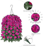 Artificial Geraniums Flowers Fake Hanging Baskets for Spring Outdoor Decor, Faux Hanging Plants Outdoors in Planter Silk Vines UV Resistant Look Real for Outside Garden Balcony Patio Porch, Fuchsia