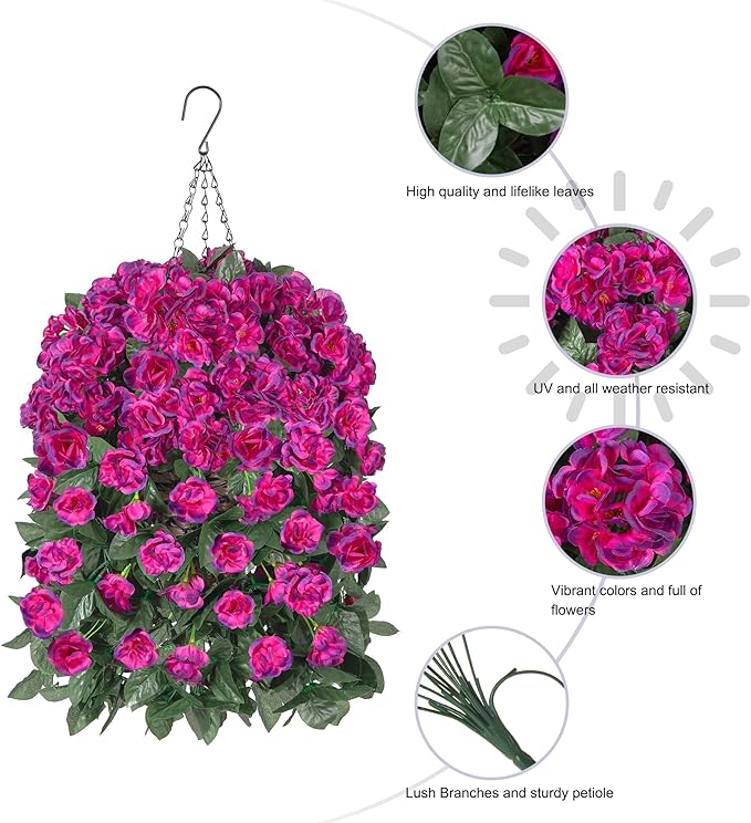 Artificial Geraniums Flowers Fake Hanging Baskets for Spring Outdoor Decor, Faux Hanging Plants Outdoors in Planter Silk Vines UV Resistant Look Real for Outside Garden Balcony Patio Porch, Fuchsia