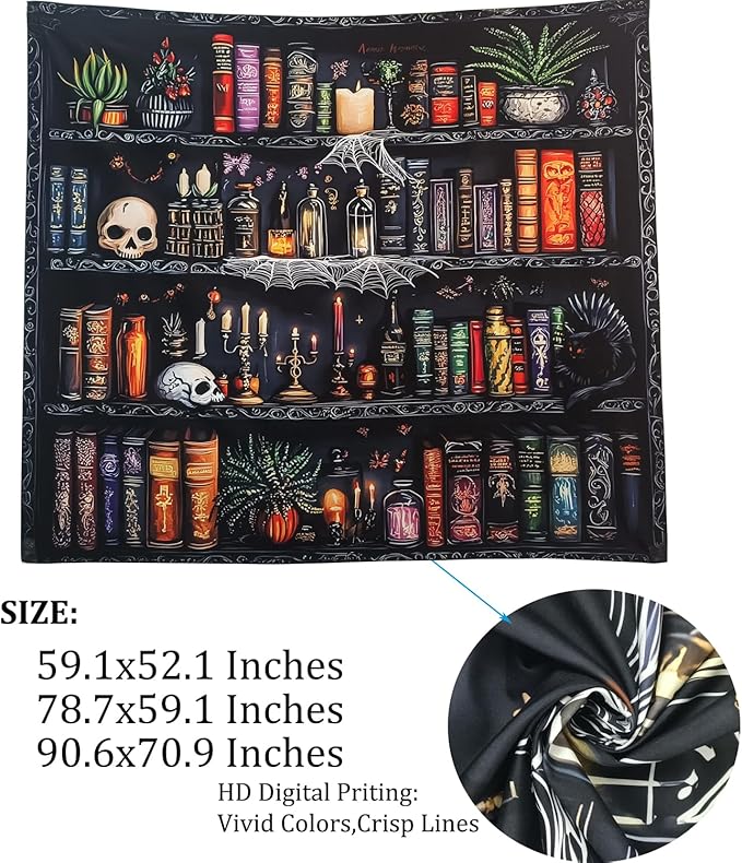 Algasan Magic Bookshelf Tapestry Magical Book Tapestry Gothic Witchy Vintage Library Skull Potion Black Cat Candle Botanical Backdrop for Bedroom Living Room Dorm 78.7 x 59.1 Inches