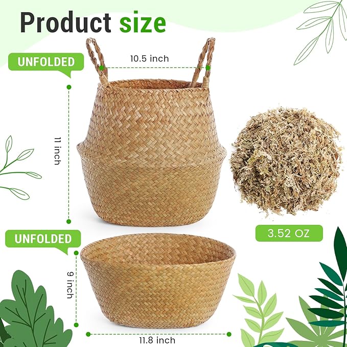 Large Wicker Plant Basket with Handle 10 Inch Woven Seagrass Belly Basket and Artificial Moss for House Plants Picnic Grocery Laundry Storage Home Decor(Large,Original,1 Pack)