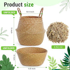 Large Wicker Plant Basket with Handle 10 Inch Woven Seagrass Belly Basket and Artificial Moss for House Plants Picnic Grocery Laundry Storage Home Decor(Large,Original,1 Pack)