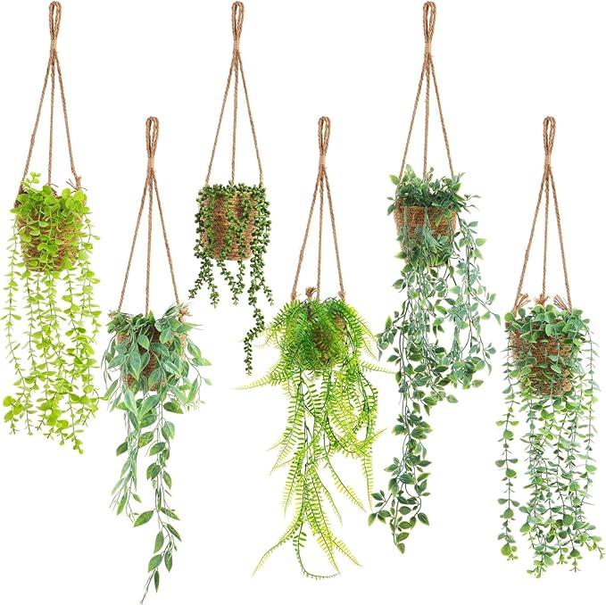 Giegxin Spring Mini Hanging Artificial Plant with Woven Basket Boho Fake Plants Ivy Faux Vines Eucalyptus Leaf for Indoor Home Wall Shelf Decor(6 Set,Green,Artificial Hanging Plants)