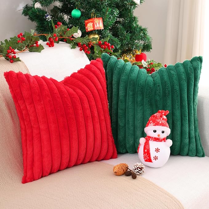 Pallene Faux Fur Plush Lumbar Throw Pillow Covers 12x20 Set of 2, Luxury Soft Fluffy Striped Decorative Pillow Covers for Sofa, Couch, Living Room, Christmas Green
