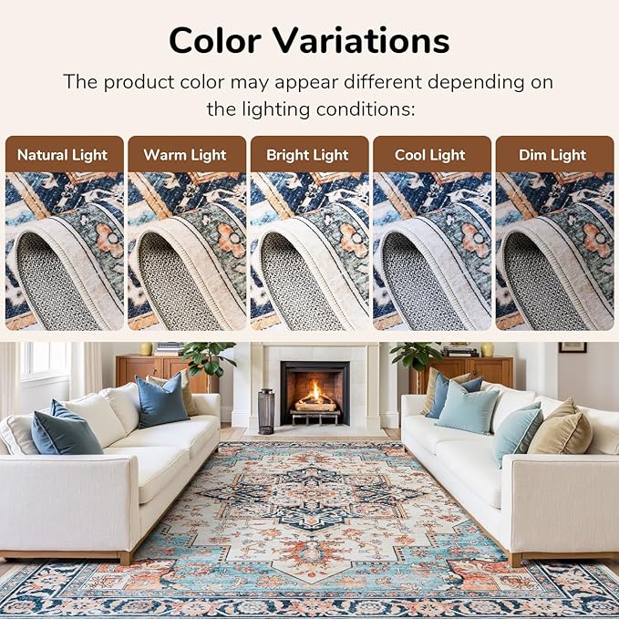 Lessymo 9×12 Area Rugs Washable for Living Room, Large Soft Indoor Rug Non-Slip for Bedroom Kitchen Dining Room Dorm Nursery, Vintage Boho Carpet Stain Resistant for Office Home Decor, Orange/Blue