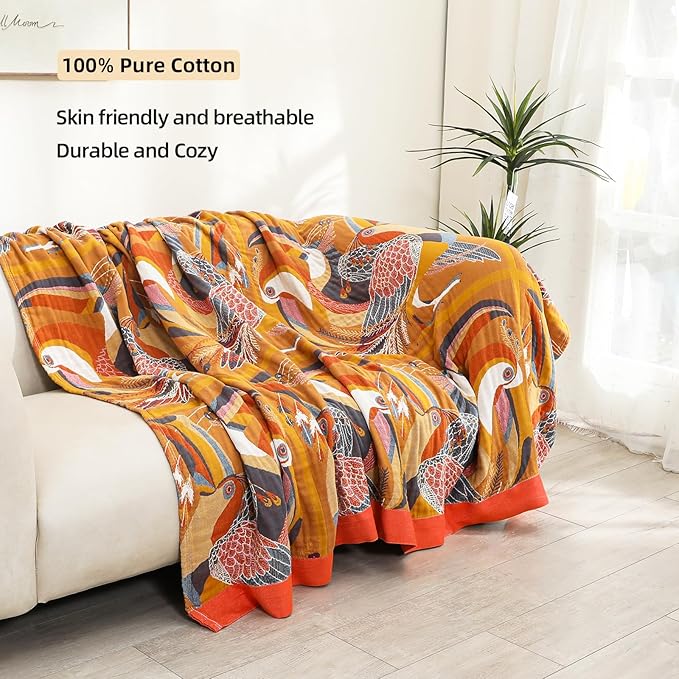 Boho Large Throw Blanket, 100% Organic Cotton Breathable Soft Bed Throw - Floral Bird Farmhouse Decor Blanket for Sofa Couch Chair Quilt and Gift. 91" x 98"- Colorful