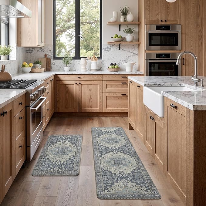 GENIMO Kitchen Mats for Floor 2PCs, Washable Anti Fatigue Mat for Cushioned, 17.3"x59"+17.3"x30", Waterproof Kitchen Rugs, Non Slip Comfort Standing Mat Rug for Home, Sink, Laundry, Center Blue
