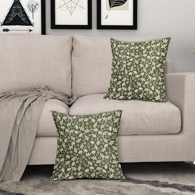 Olive Green Pillow Covers 18x18 Set of 2 Vintage Floral Rustic Old Style Cute Flower Print Decorative Outdoor Pillowcases Seasonal Farmhouse Throw Cushion Case Decor for Couch Sofa Bed