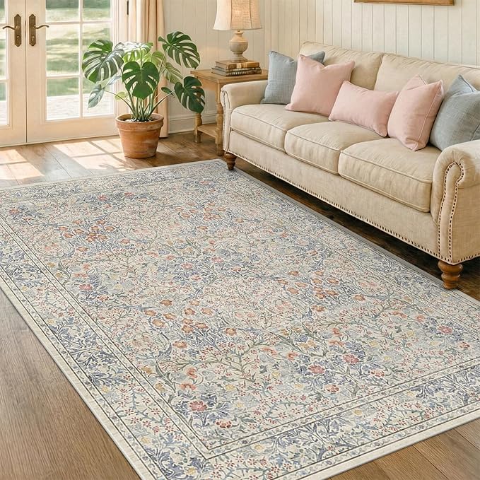 Beige Blue Living Room Rug 5x7, Cottage Area Rug for Bedroom, Vintage Washable Floral Mat for Nursery, Office, Low Pile Non Slip Stain Resistance French Country Style Retro Indoor (5x7 Beige Blue)