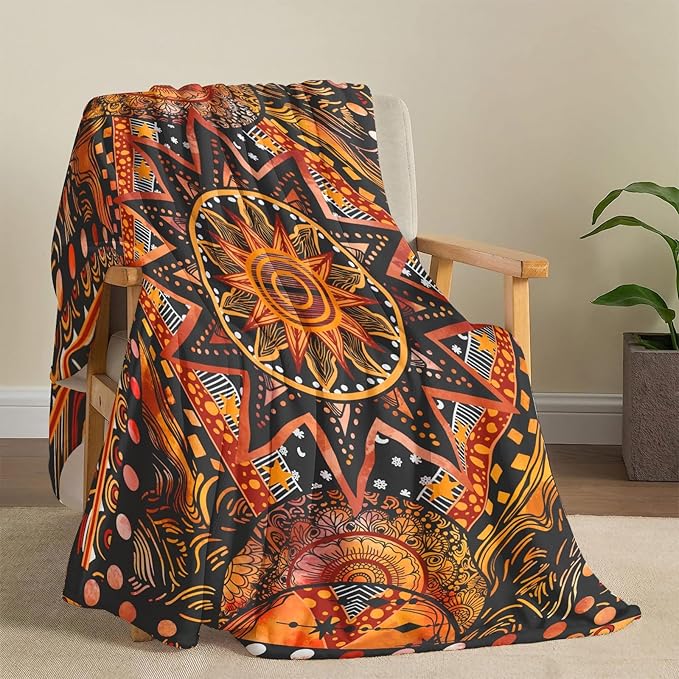 kampdream Orange Ceometric Art Throw Blanket, Hippie Abstract Sun and Moon Yellow Aesthetic Comforter Nap Throws for Couch Chair Bed Decor Comforter 68×90 inch