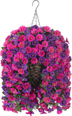 Artificial Fake Flowers Plants Hanging Baskets for Outdoor Outside, Faux Silk Hanging Dark Purple and Fuchsia Morning Glory Trailing Vines UV Resistant Look Real for Porch Patio Home Decoration