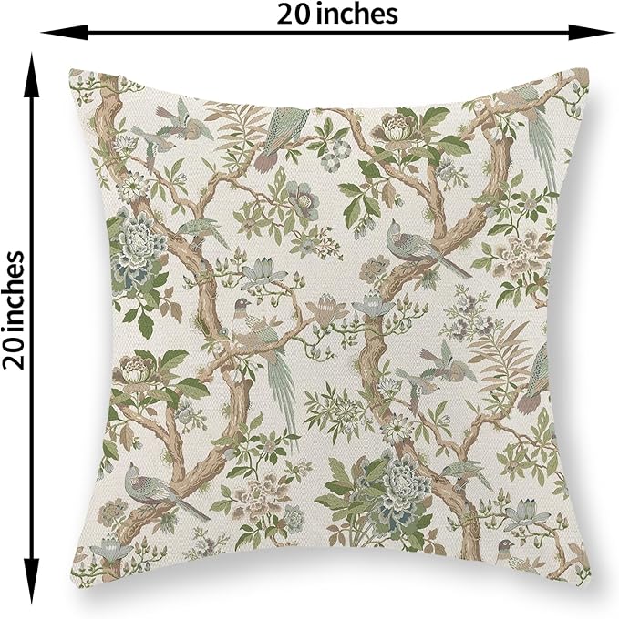 Green Floral Bird Pillow Covers 20x20 Set of 2 Chinoiserie Throw Pillows Green Vintage Flowers Bird Decorative Pillow Cases Outdoor Chinoiserie Decor Farmhouse Cushion Case for Couch Sofa