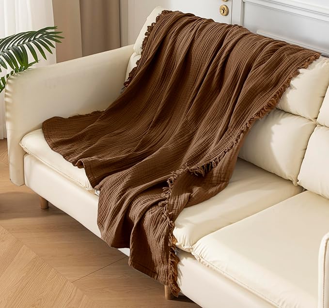 KyraHome 100% Cotton Throw Blankets, 90"x104" King Size, Organic Cotton Pre-Washed, Lightweight Gauze Fall Throw Blankets, Layering Muslin Blankets Bed Coverlet, All Season, (Brown)