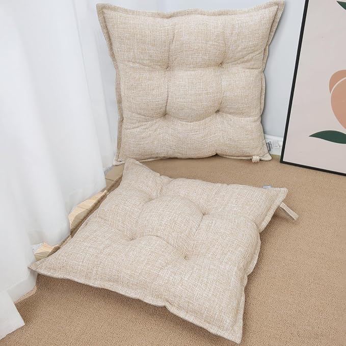 SINSOSSO Large Floor Pillows 22", Thickened Bite-Size Memory Foam Square Non-Slip Cushions for Office Back Support/Yoga/Chair Seat, Fashionable Color-Blocked Fabric & Washable, Beige, 2 PCS