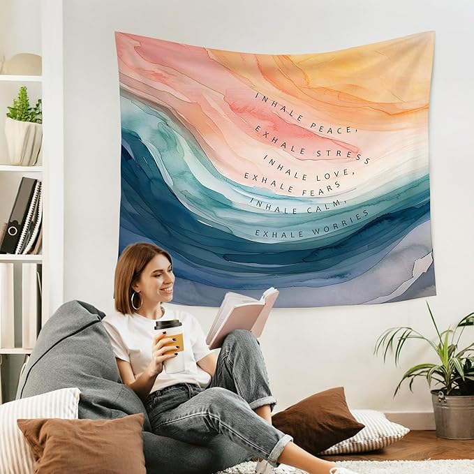 WARDOS Mental Health Tapestry, Inhale Exhale Mental Health Tapestry Wall Hanging, Abstract Watercolor Meditation Wall Blanket Decor for Therapist Counselor Calming Office, 50x60 Inch