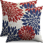 4th of July Blue Red White Pillow Covers 18X18 Inch Set of 2, Modern Geometry Dahlia Floral Print Holiday Decorative Throw Pillow Covers Outdoor Farmhouse Cushion Case for Couch Sofa Bed Decor