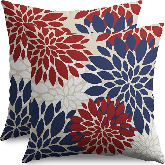 4th of July Blue Red White Pillow Covers 20X20 Inch Set of 2, Modern Geometry Dahlia Floral Print Holiday Decorative Throw Pillow Covers Outdoor Farmhouse Cushion Case for Couch Sofa Bed Decor