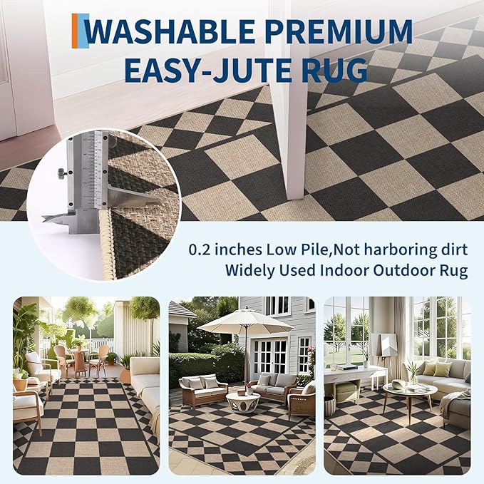 GarveeHome Easy Jute Rug 8x10 Washable Rugs for Living Room Bedroom Checkered Indoor Outdoor Rug for Patio Non-Slip No Shed Jute Rugs Geometric Carpet for Farmhouse Dining Room Backyard, Natural