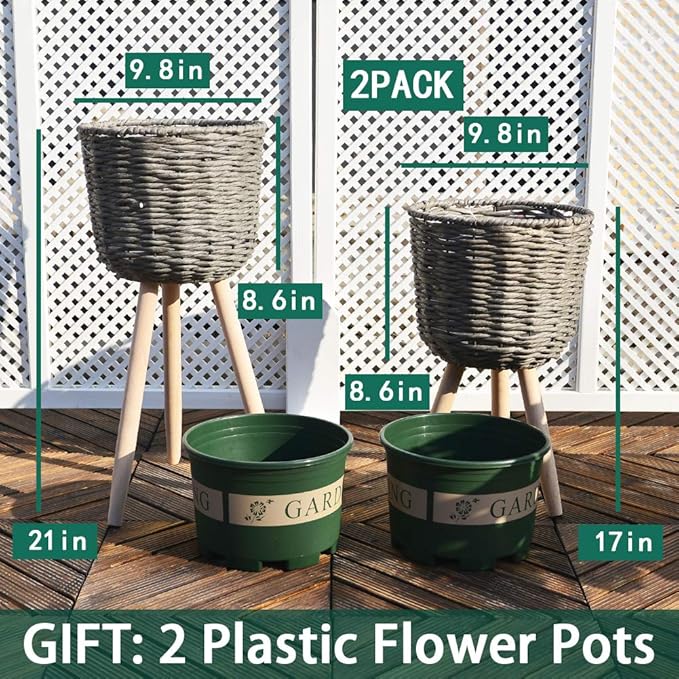 Mid-Century Modern Plant Stand，Unique Handmade Planter Stand Wood Flower Pot Holder， Indoor Plant Display Rack, Set of 2 (Beige)