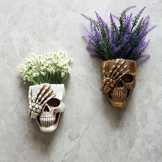 Skull Fence Planter for Outdoor Plants, Spooky Skull Wall Planters for Indoor Outdoor Décor, Funny Gothic Hanging Skeleton Head Plant Pot Gold Face Vase with Drainage