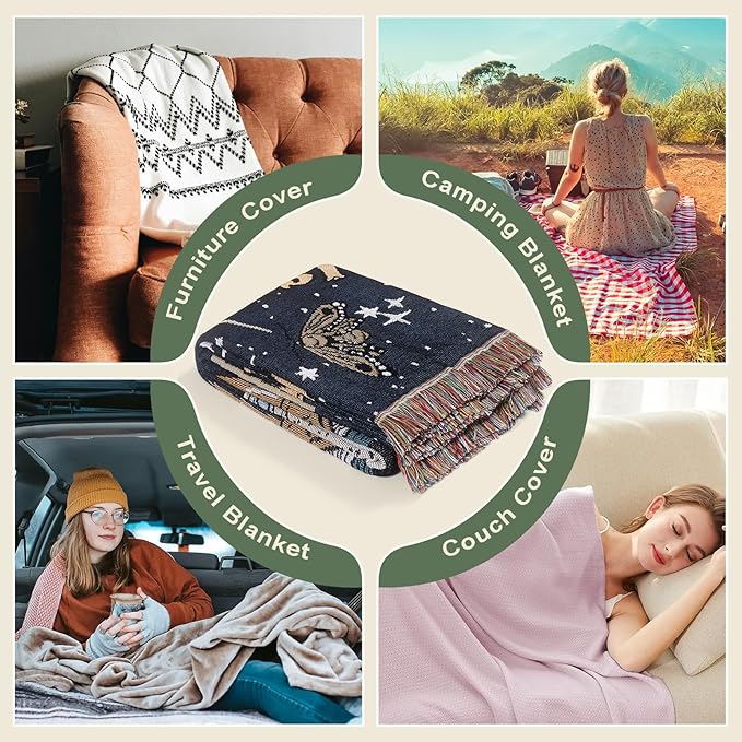 Snycler Boho Throw Blanket for Bed 50 * 60inch Woven Blanket Cotton Polyester Farmhouse Decor for Indoor Outdoor Sofa Bedroom Garden，All Season(Woman)