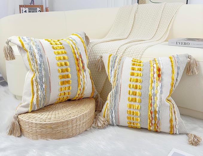 Boho Throw Pillow Covers 16x16 Aesthetic Neutral Boucle Couch Pillow Cover Rainbow Striped Decorative Accent Pillow Case for Couch Bed Sofa Farmhouse,Modern Funky,Set of 2 Yellow-Grey