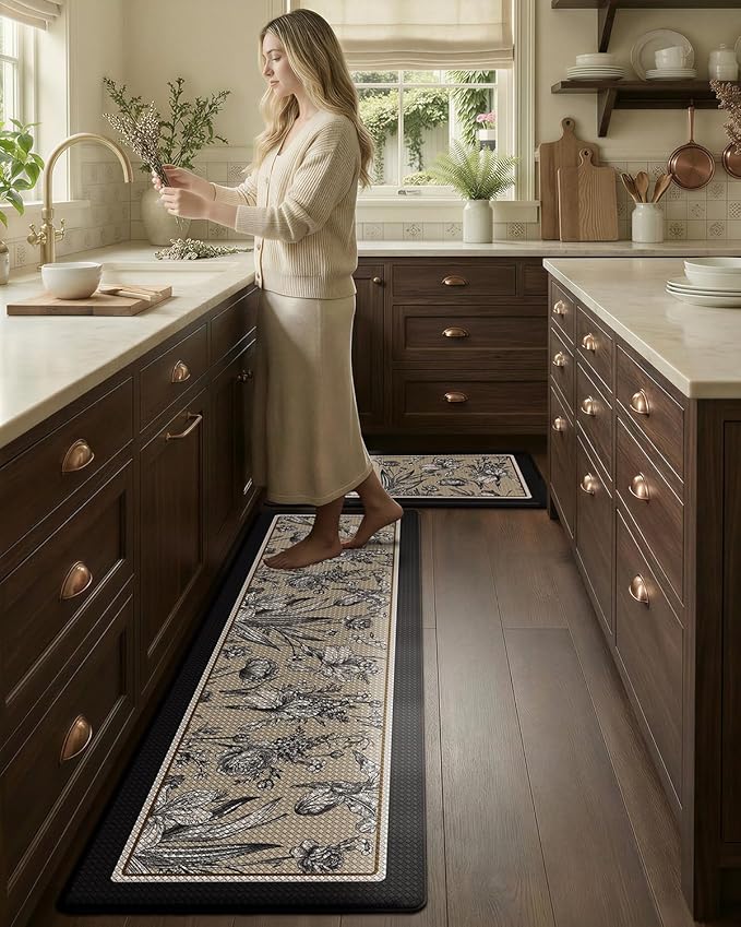 LUMI Anti-Fatigue Kitchen Floor Mats Set of 2,Cushioned Comfort Standing Rug Waterproof 2PCS, Non-Slip Ergonomic Foam Runner for Sink, Laundry, Office & Home,17x29+17x59,