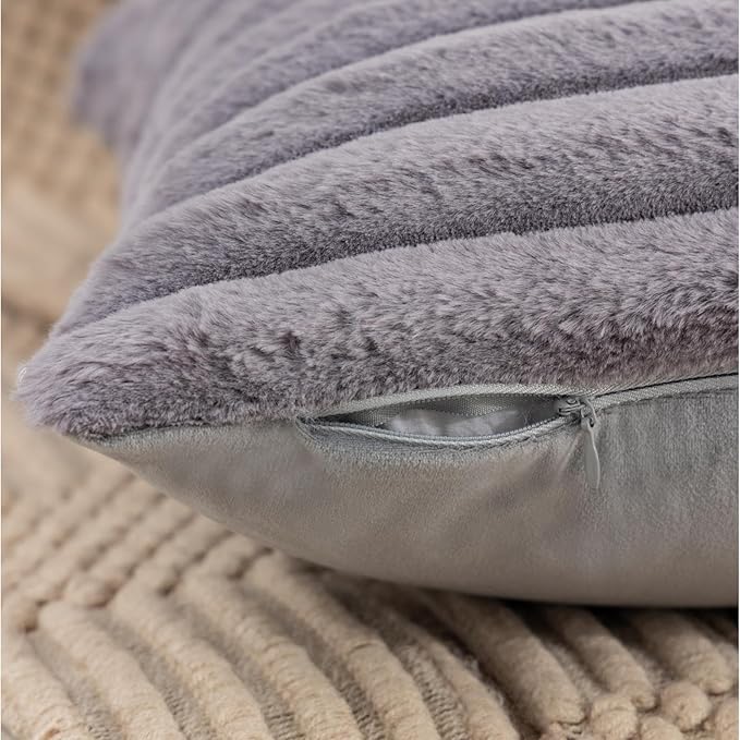 ZLINA Set of 2 Dark Grey Faux Fur Decorative Throw Pillow Covers Fluffy Striped Pillowcase Cushion Covers 22 x 22 Inch Decor Sofa Couch Bedroom