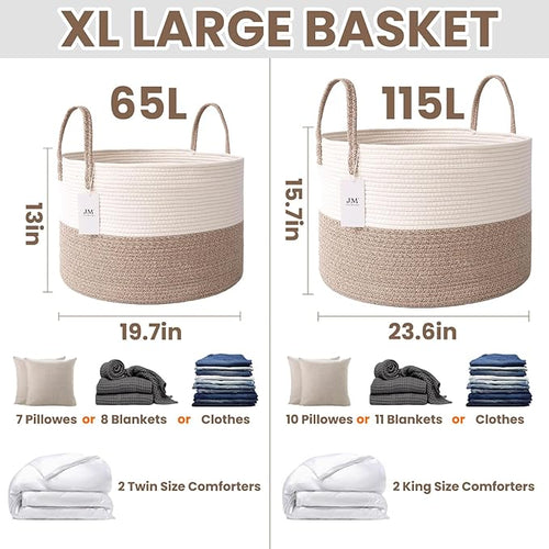 115L Extra Large Blanket Basket for Living Room - Woven Cotton Rope Laundry Hamper with Reinforced Handles - Storage Bin for Pillows, Comforters & Toys - Machine Washable,White&Brown