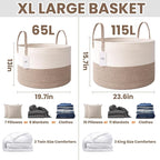 65L Extra Large Blanket Basket for Living Room - Woven Cotton Rope Laundry Hamper with Reinforced Handles - Storage Bin for Pillows, Comforters & Toys - Machine Washable,White&Brown
