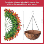 Artificial Silk Flowers Hanging Baskets for Outdoors Indoors, Daisy with Eucalyptus Leaves Arrangement for Garden Yard Decor, Faux Green Plant in Metal Coconut Lining Flowerpot(Orange Brown)