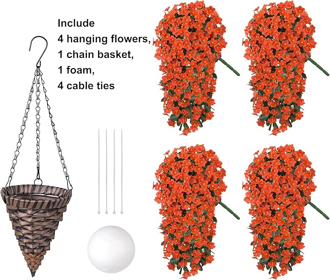 HyeFlora Artificial Fake Hanging Flowers Plants Baskets for Winter Christmas Outdoor Outside, Faux Silk Orange Daisy in Planter UV Resistant Orchid for Home Porch Garden Yard Patio Decor