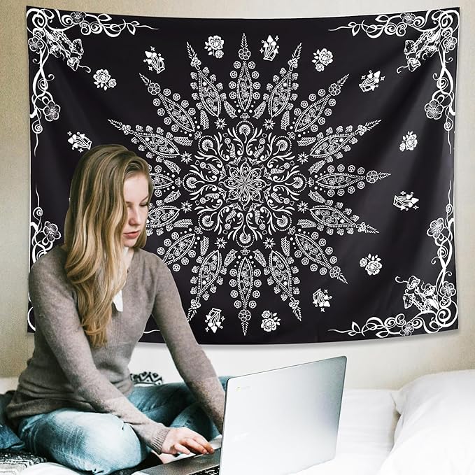 KJHL Floral Bohemian Tapestry Black and White Flower Aesthetic Tapestry Mandala Room Decor Wall Hanging Boho Tapestries for Bedroom Dorm(Black, 59" x 79")