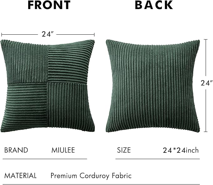 MIULEE Army Green Decorative Euro Sham Pillow Covers 24x24 Inch for Bed Couch Sofa Pack of 2 Boho Farmhouse Throw Pillows Soft Cross Corduroy Patchwork Textured Cushion Cases