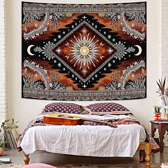 Accnicc Hippie Sun and Moon Tapestry Boho Mandala Floral Wall Tapestry for Bedroom Aesthetic Vintage Plant Celestial Dark Brown Small Tapestries Wall Hanging for Dorm Living Room Decor 60 x 44 Inch