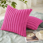 decorUhome Summer Cozy Faux Fur Throw Pillow Covers 18x18 Set of 2 Decorative Soft Plush Striped Modern Farmhouse Boho Couch Pillow Cases with Velvet Back for Sofa Bed Living Room, Hot Pink