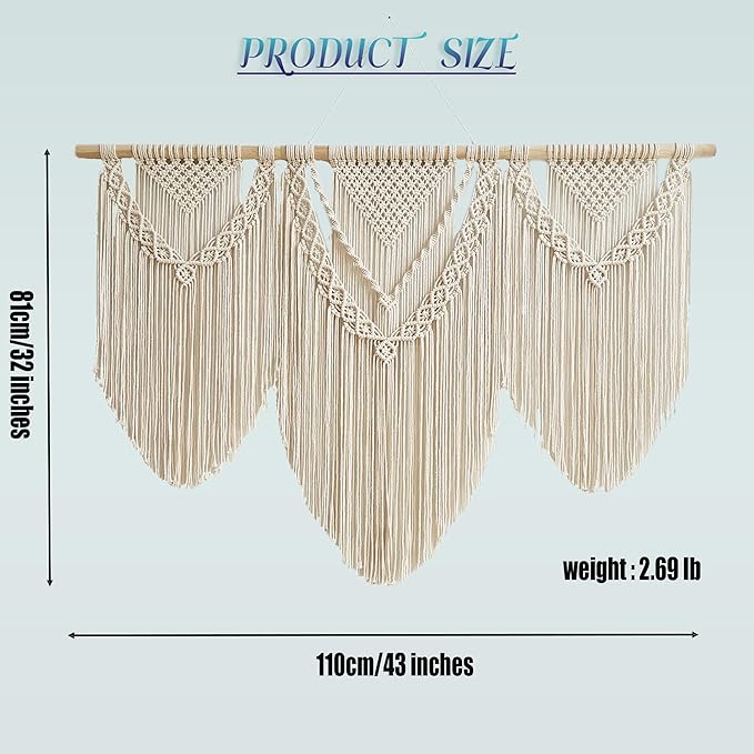 oiikain Large Handmade Boho Macrame Wall Hanging Tapestry - Chic Bohemian Woven Home Decor art for Living Room, Bedroom, and Wedding Parties (43''x32'', Three Triangle)