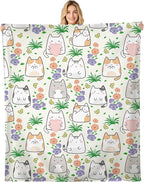 Throw Blanket for Couch, 300GSM Warm Soft Cozy Flannel Blanket, Cute Blanket for All Seasons Bedroom Home Decor Gifts, Cute Flower Cats 50x60 Inches