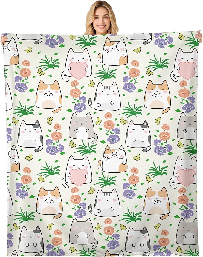 Throw Blanket for Couch, 300GSM Warm Soft Cozy Flannel Blanket, Cute Blanket for All Seasons Bedroom Home Decor Gifts, Cute Flower Cats 50x60 Inches