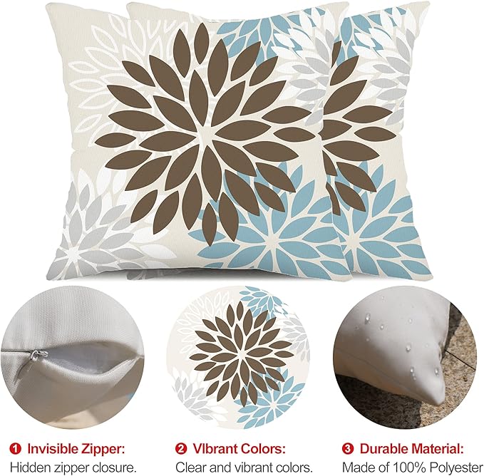 DFXSZ Brown Blue Flower Pillow Covers 18x18 Inch Set of 2 Summer Outdoor Waterproof Decor for Home Patio Funiture Garden Living Room Cushion Cover 002F18
