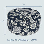 LVTXIII Indoor/Outdoor Extra Large Inflatable Ottoman Pouf D31 x H14 Inch, Round Footstool with Handle, Weather-Resistant Portable Furniture for Patio, Camping, Beach, Elegant Vines Navy