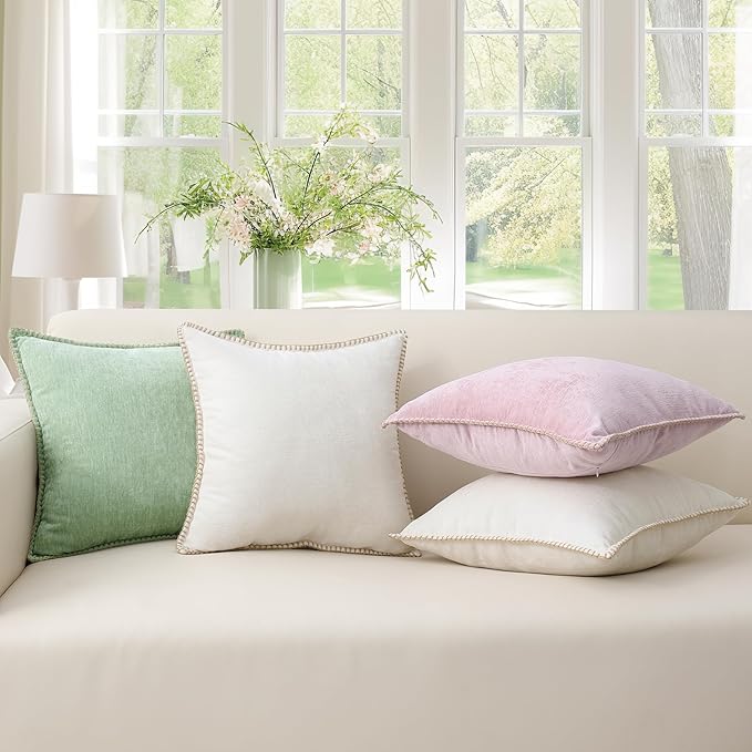 decorUhome Summer Chenille Soft Cozy Throw Pillow Covers 16x16 Set of 2, Modern Farmhouse Boho Velvet Decorative Pillow Cases with Stitched Edge for Couch Sofa Bed Home Decor, Cream White