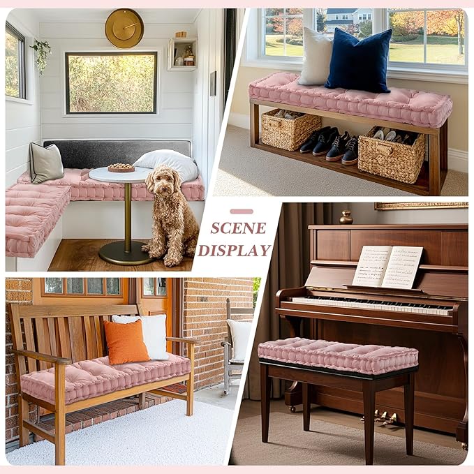 Bench Cushions for Indoor Furniture 40x20 in Velvet Kitchen Dining Piano Window Seat Cushion, Tufted Patio Porch Swing Thicken Bench Pad Memory Foam(Pink)