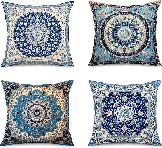 Jartinle Navy Mandala Pattern Throw Pillow Covers 18x18 Set of 4 Boho Accents Decorative Throw Pillows for Couch, Sofa, Outdoor Patio Bohemian Decor
